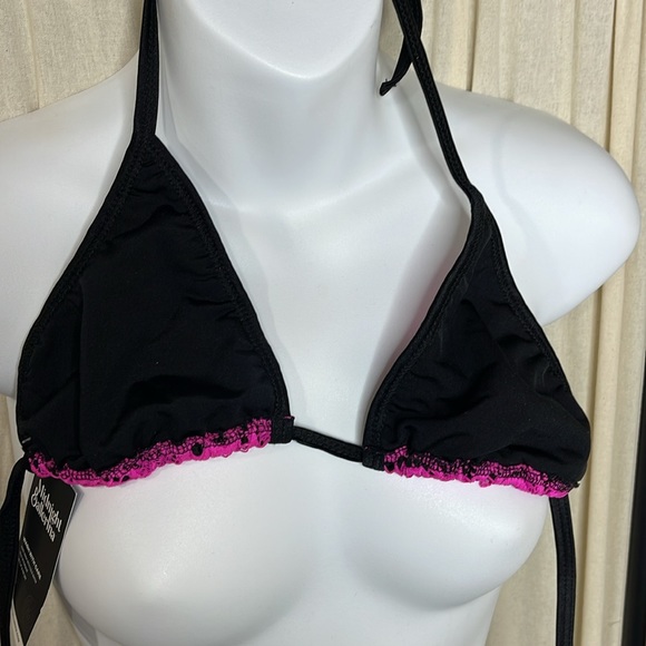 NEW! BLACK LIGHT HOT PINK & BLACK LACE DANCE THONG BIKINI SET OSFM - Picture 10 of 11